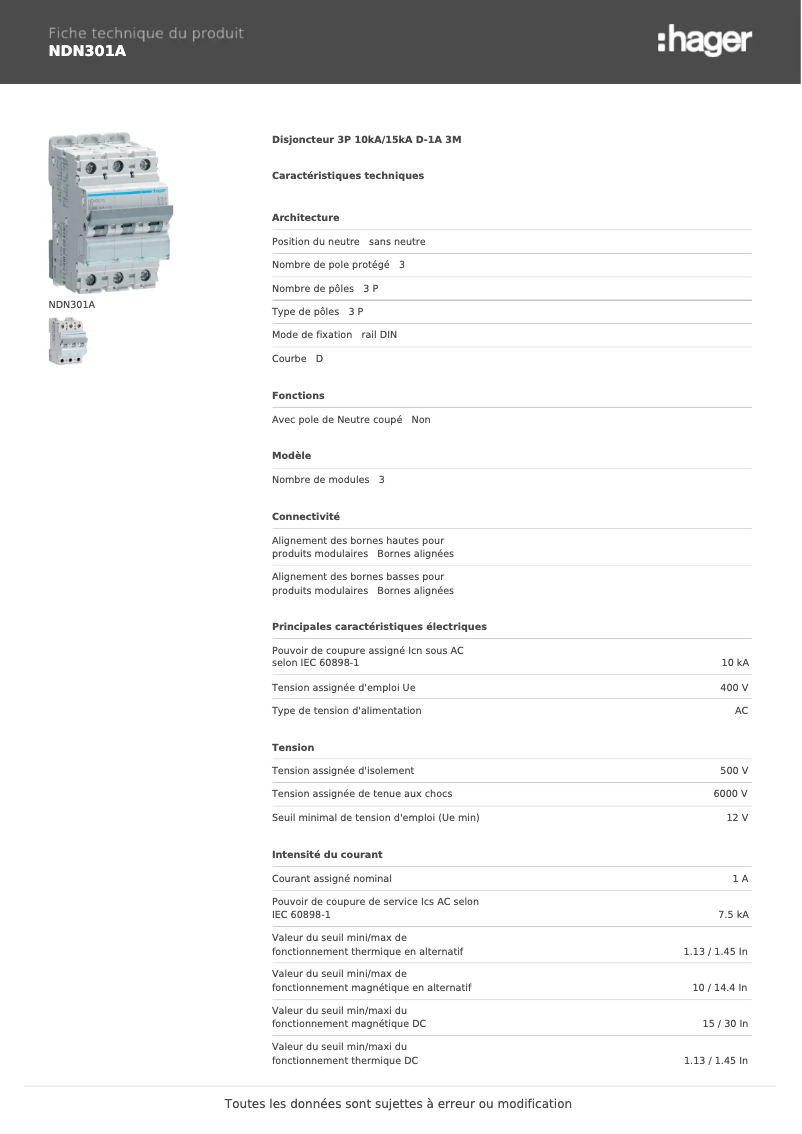 Page 1 de la notice Manuel utilisateur Hager NDN301A