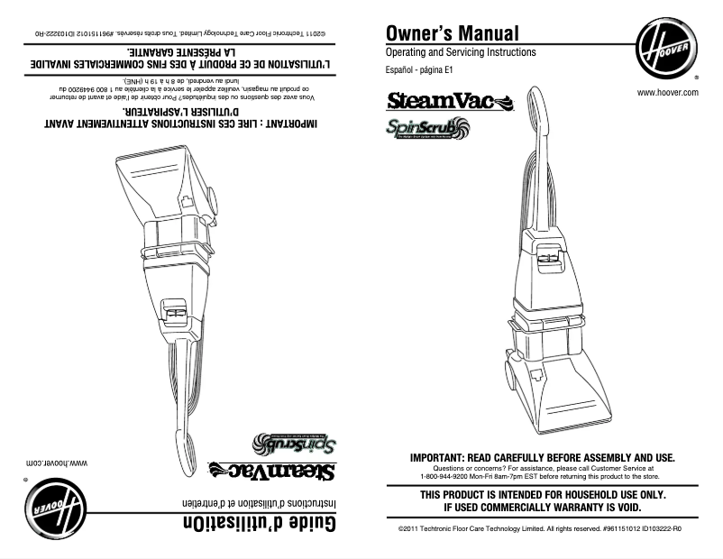 Page 1 de la notice Manuel utilisateur Hoover SteamVac Power Max