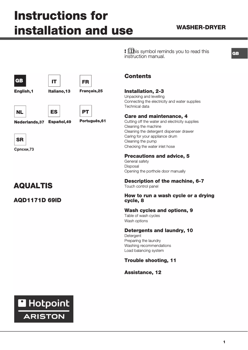Image de la première page du manuel de l'appareil Aqualtis AQD1171D 697ID EU