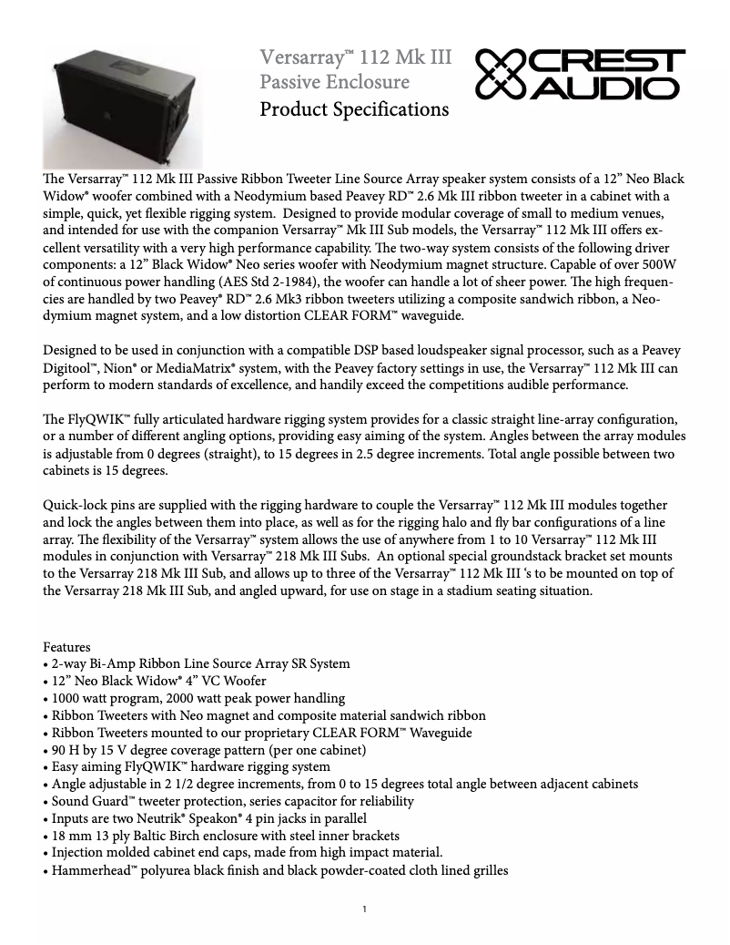 Page 1 de la notice Manuel utilisateur Crest Audio Versarray 112 MKIII