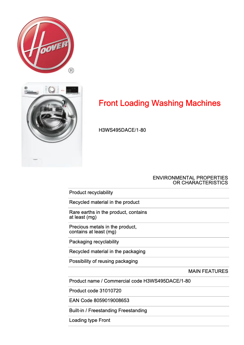 Page n°1 - Fiche technique Hoover H-WASH 300 LITE H3WS495DACE/1-80