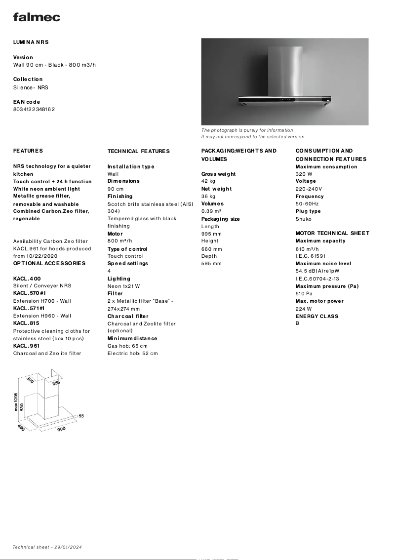 Page n°1 - Fiche technique Falmec Lumina NRS