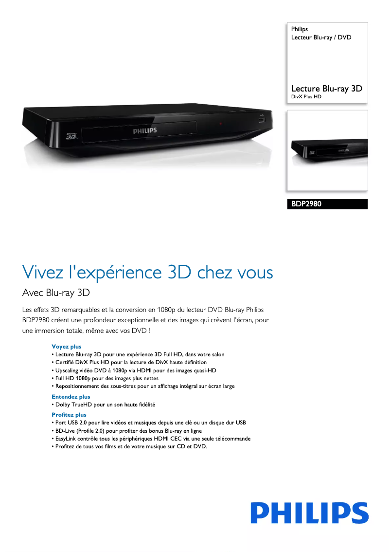 Page 1 de la notice Fiche technique Philips BDP2980