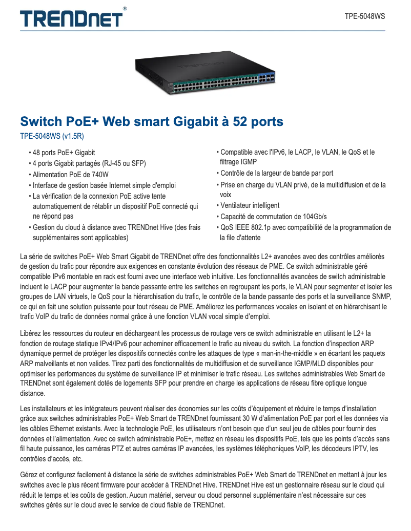 Page 1 de la notice Fiche technique TRENDnet TPE-5048WS