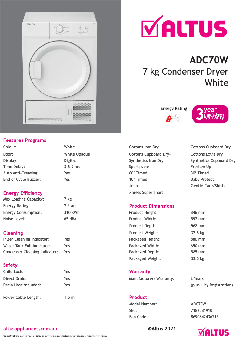 Page 1 de la notice Fiche technique Altus ADC70W