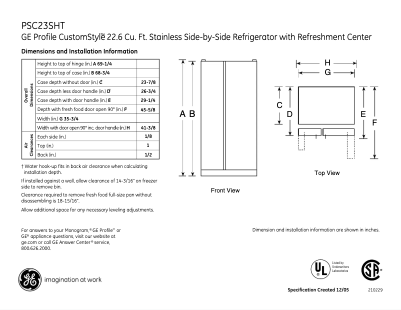 Page n°1 - Fiche technique GE PSC23SHTSS