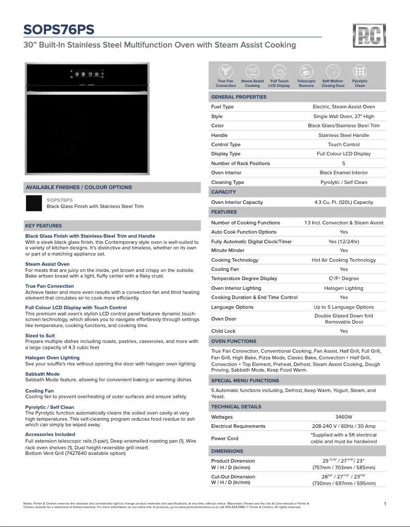 Page 1 de la notice Fiche technique Porter & Charles SOPS76PS
