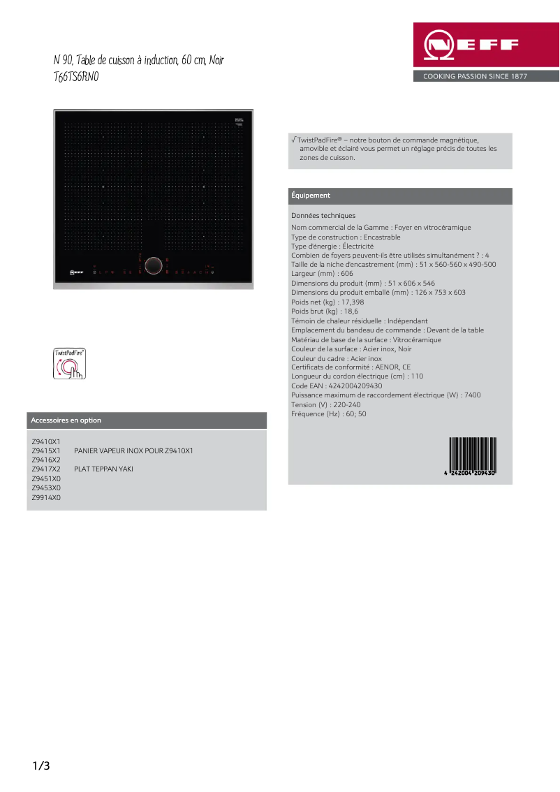 Page 1 de la notice Fiche technique Neff T66TS6RN0