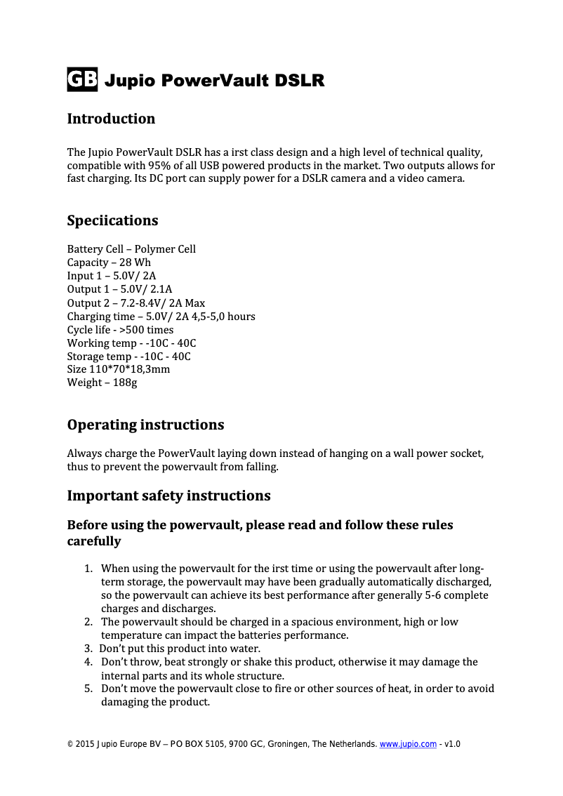 Page 1 de la notice Manuel utilisateur Jupio PowerVault DSLR