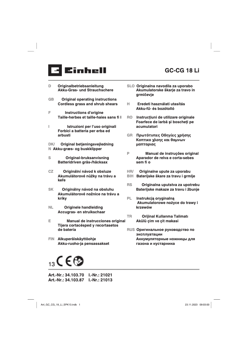 Page n°1 - Manuel utilisateur Einhell GC-CG 18 Li