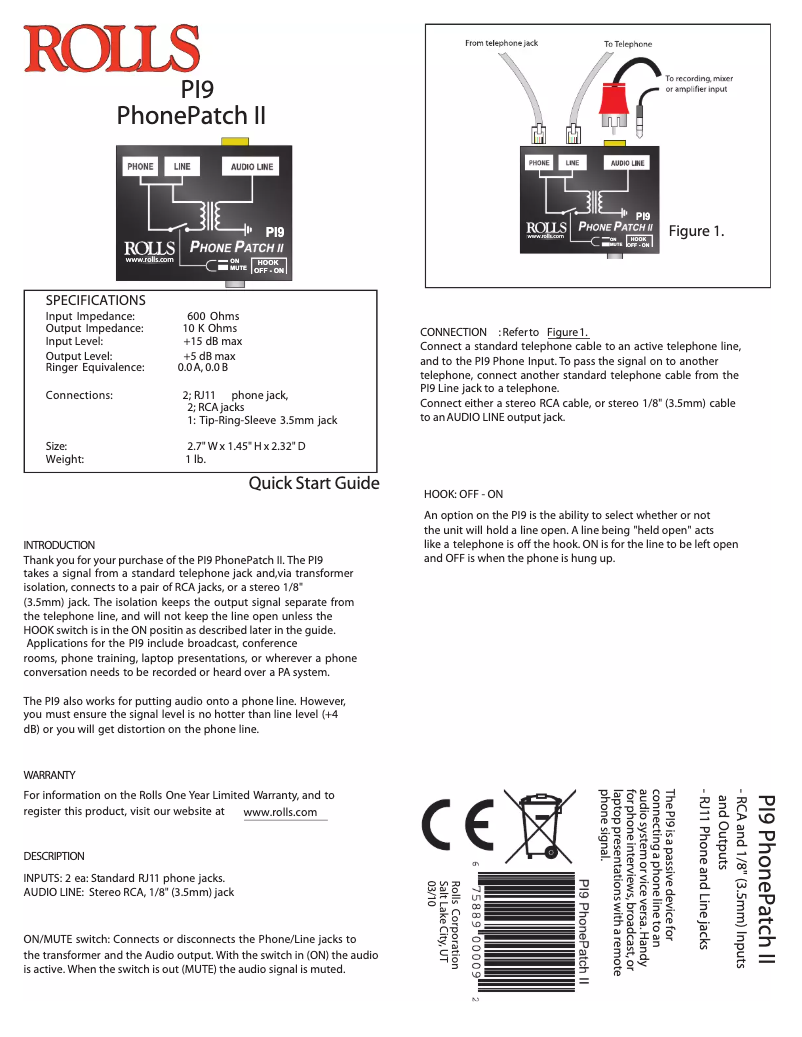 Page 1 de la notice Manuel utilisateur Rolls PI9 Phone Patch II