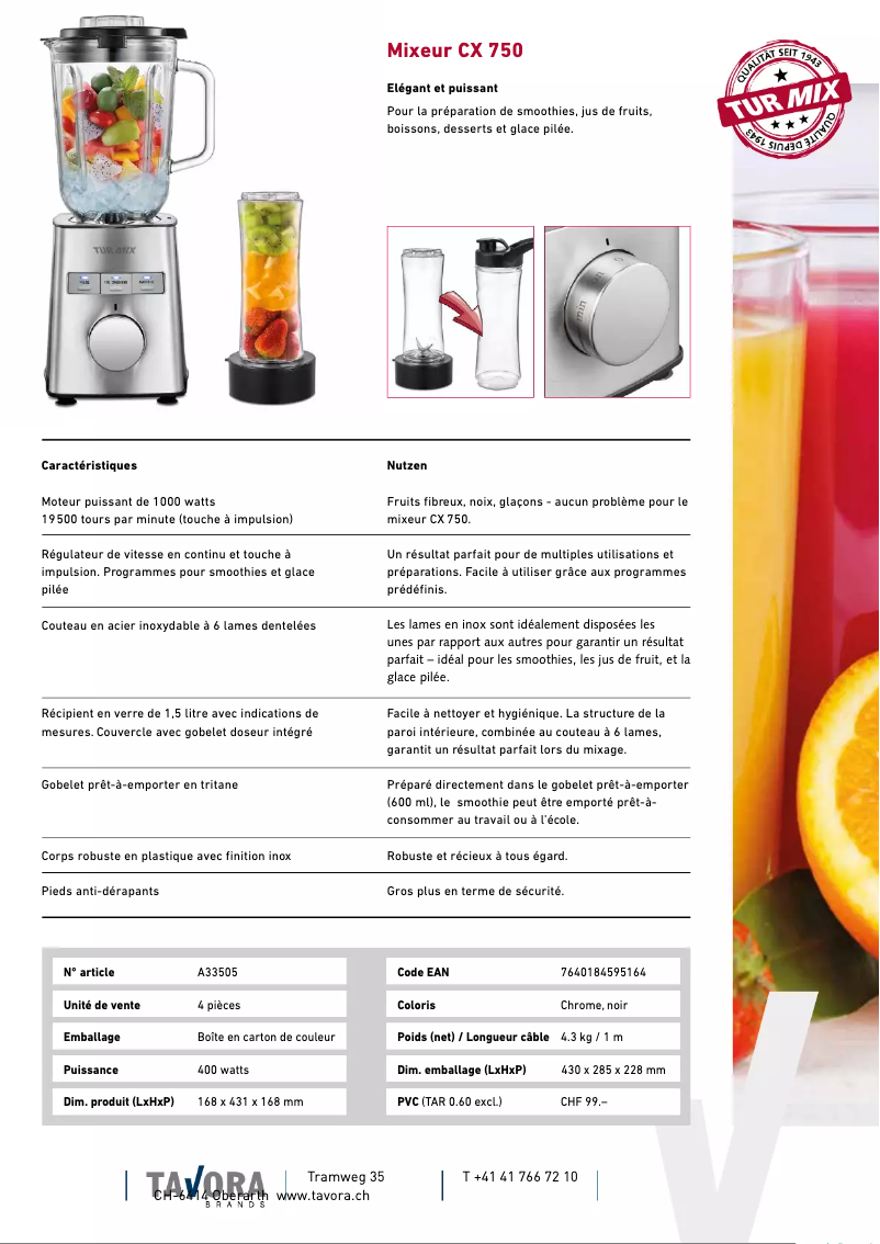 Page 1 de la notice Fiche technique Turmix CX 750