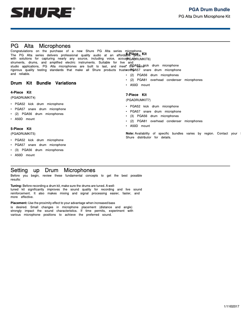 Page n°1 - Manuel utilisateur Shure PGADRUMKIT5