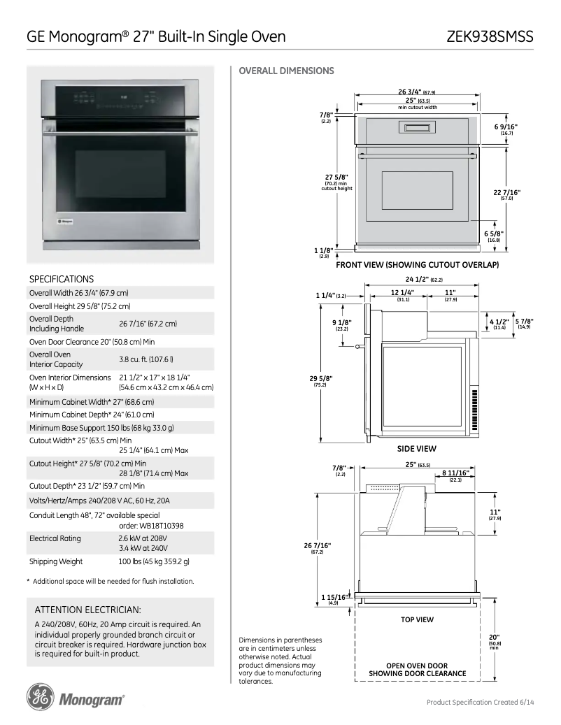 Page n°1 - Fiche technique GE ZEK938BMBB