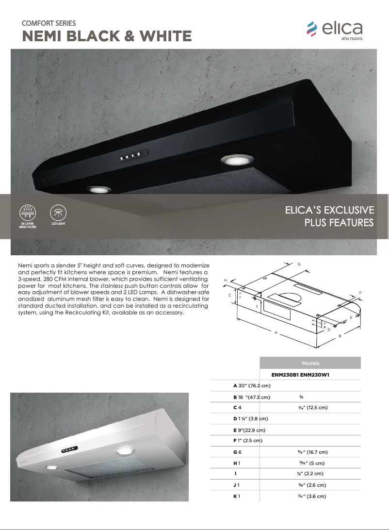 Page 1 de la notice Fiche technique Elica Nemi ENM230B1