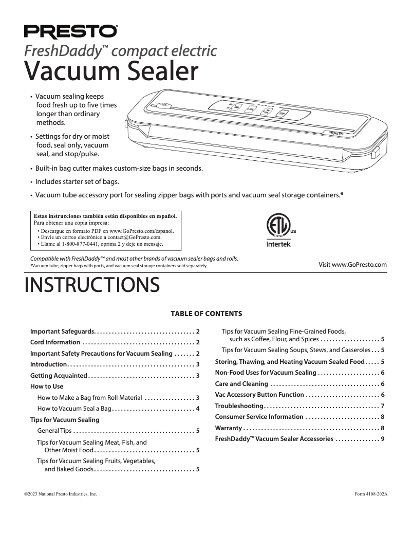 Page 1 de la notice Manuel utilisateur Presto FreshDaddy 05621