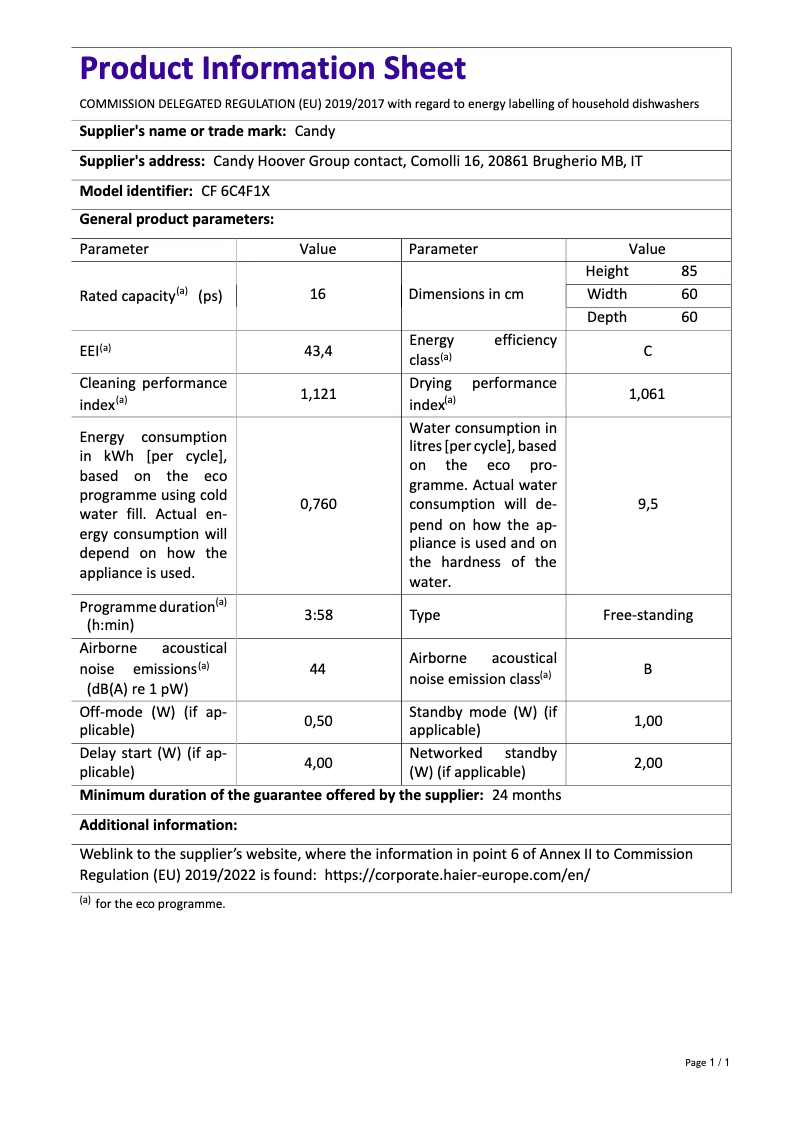 Page 1 de la notice Fiche technique Candy CF 6C4F1X