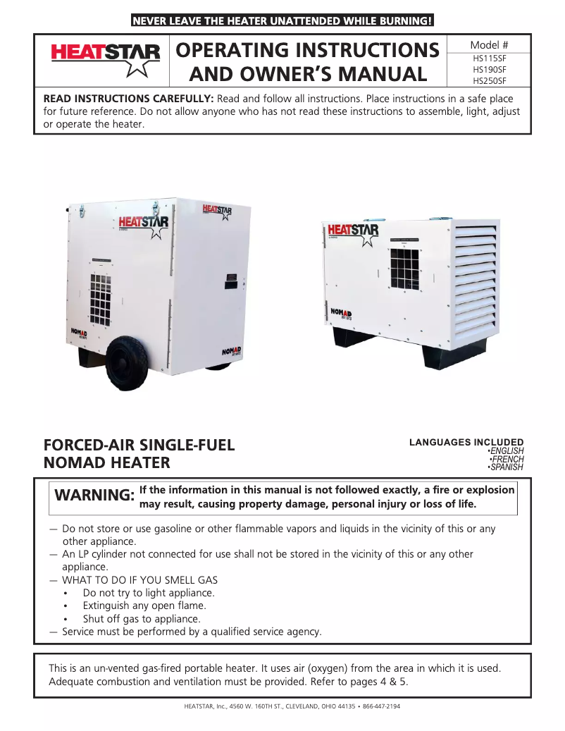 Page 1 de la notice Manuel utilisateur HeatStar Nomad HS190SF