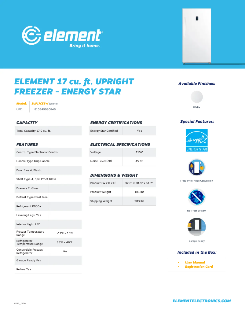 Page 1 de la notice Fiche technique Element EUF17CEBW