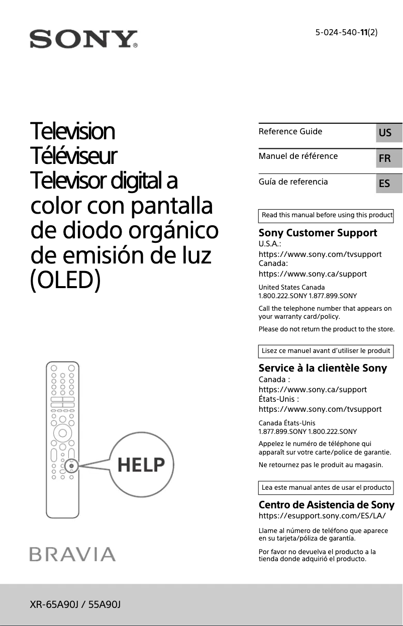 Page 1 de la notice Manuel utilisateur Sony Bravia XR-65A90J