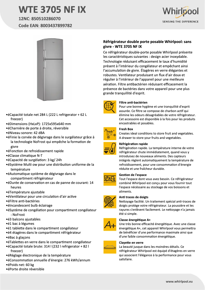 Page n°1 - Fiche technique Whirlpool WTE 3705 NF IX
