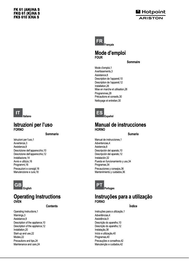 Page n°1 - Manuel utilisateur Hotpoint Ariston FKS 610 X