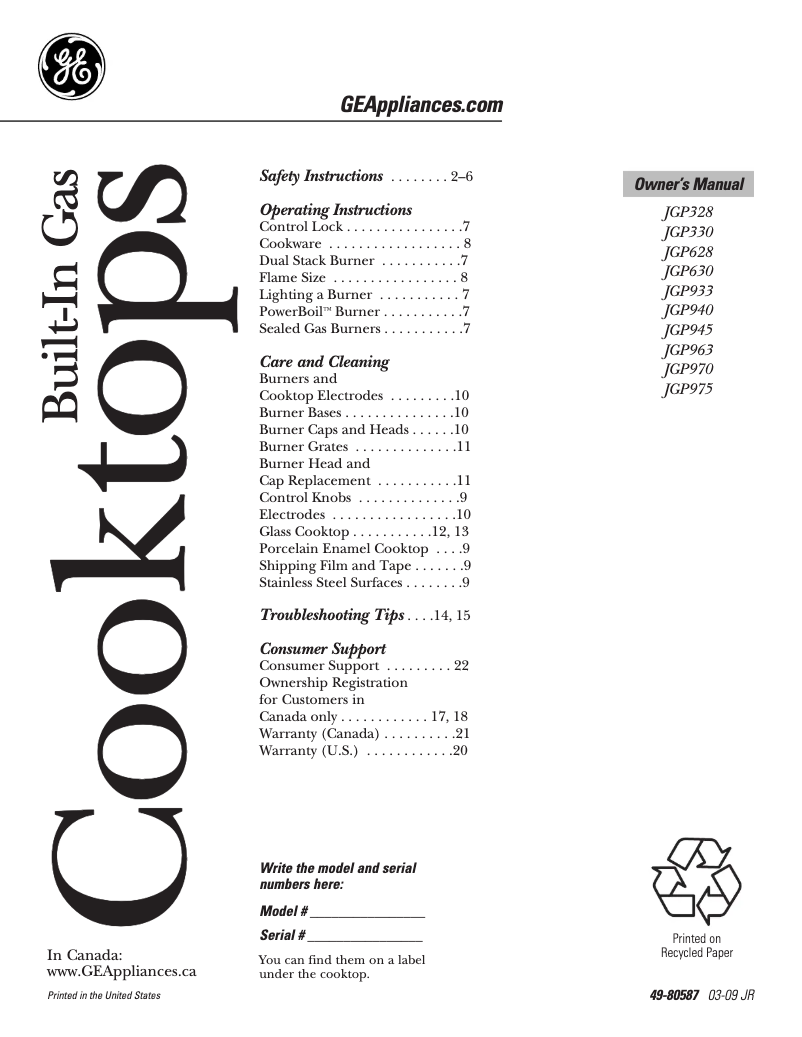 First page image of the manual for Profile JGP975SEKSS