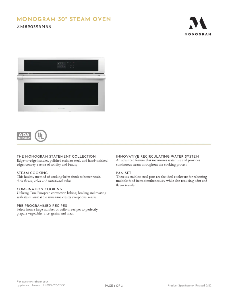 Page 1 de la notice Fiche technique Monogram ZMB9032SNSS
