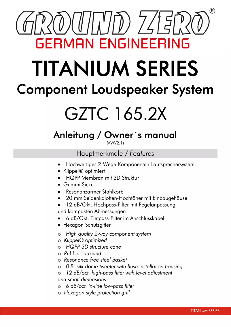 Page 1 de la notice Manuel utilisateur Ground Zero GZTC 165.2X