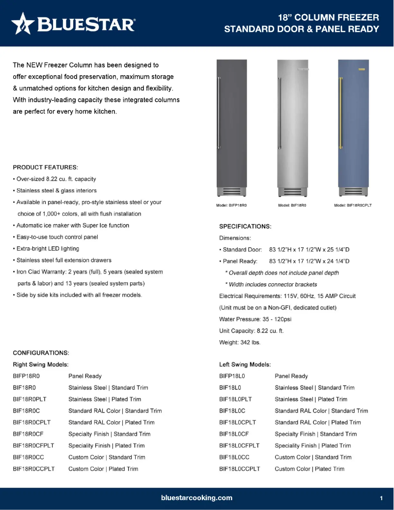 Page 1 de la notice Fiche technique BlueStar BIF18L0