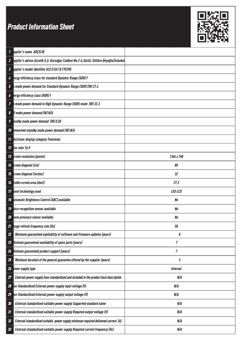 Page n°1 - Fiche technique Arçelik A32 D 561 B