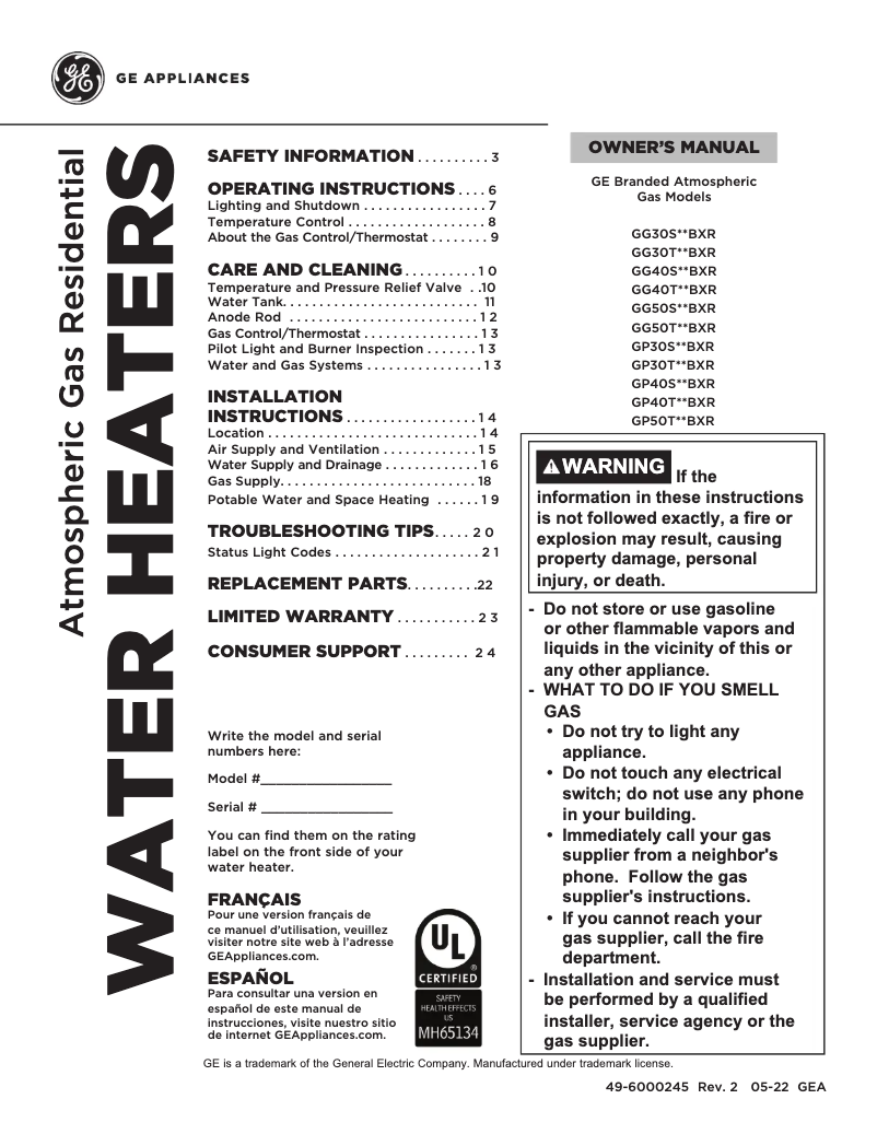 Page 1 of the manual Use and Maintenance Manual GE GG50T10BXR