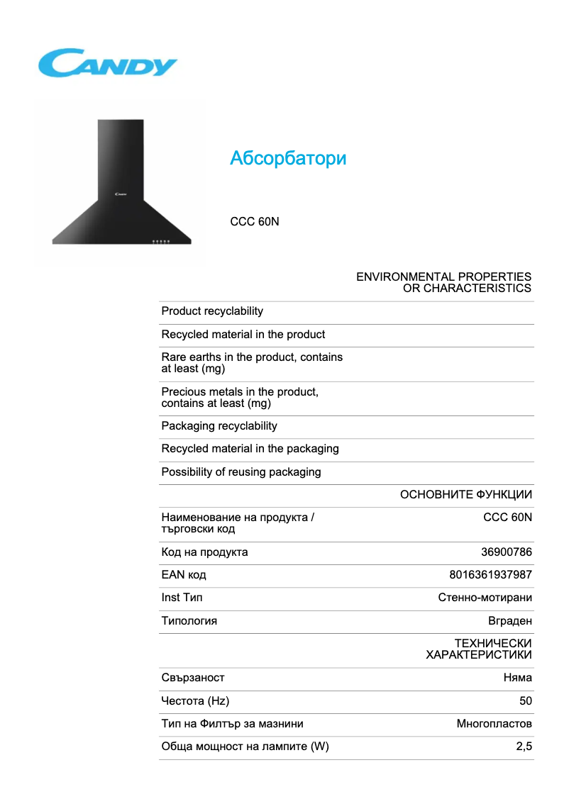 Page 1 de la notice Fiche technique Candy CCC 60N