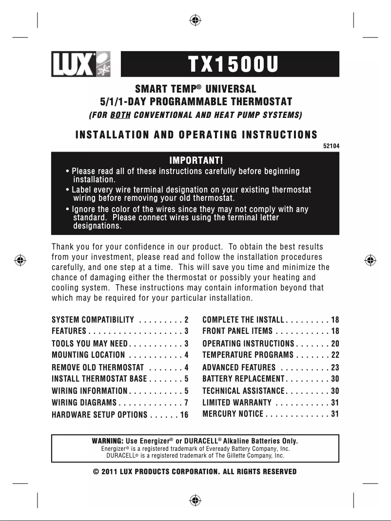 Page n°1 - Manuel utilisateur Lux TX1500U-006