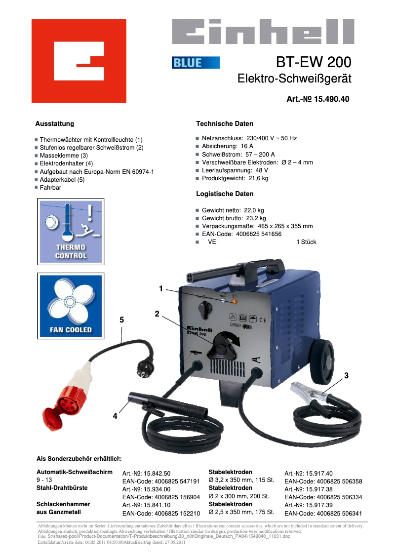Page 1 de la notice Fiche technique Einhell BT-EW 200