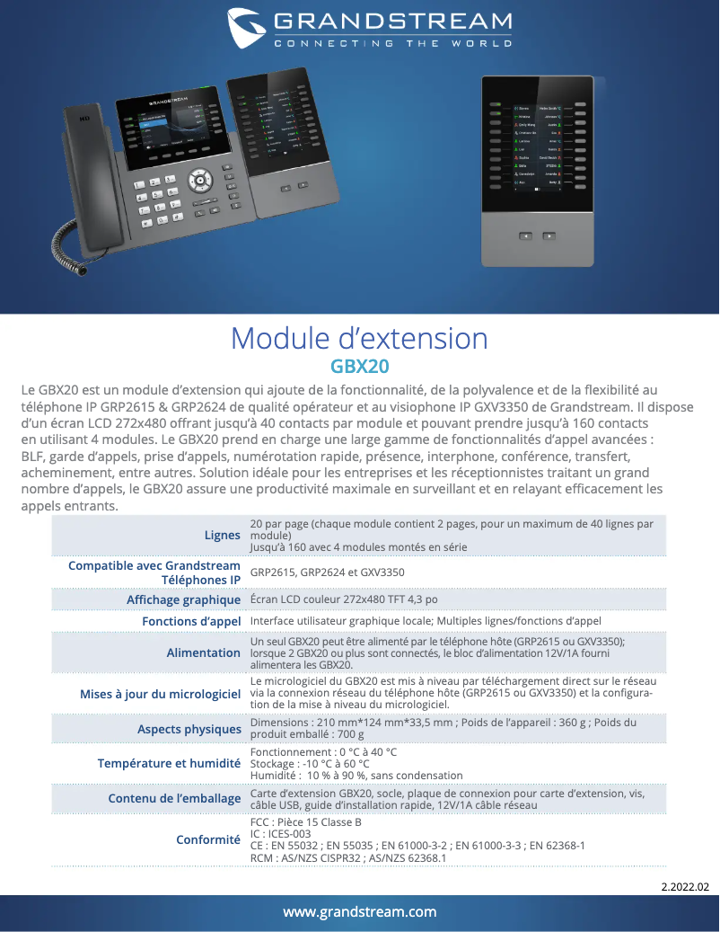 Page 1 de la notice Fiche technique Grandstream GBX20