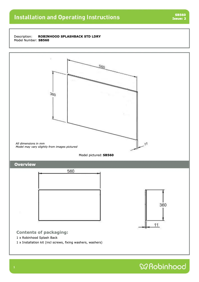 Page n°1 - Instructions / montage Robinhood SB560