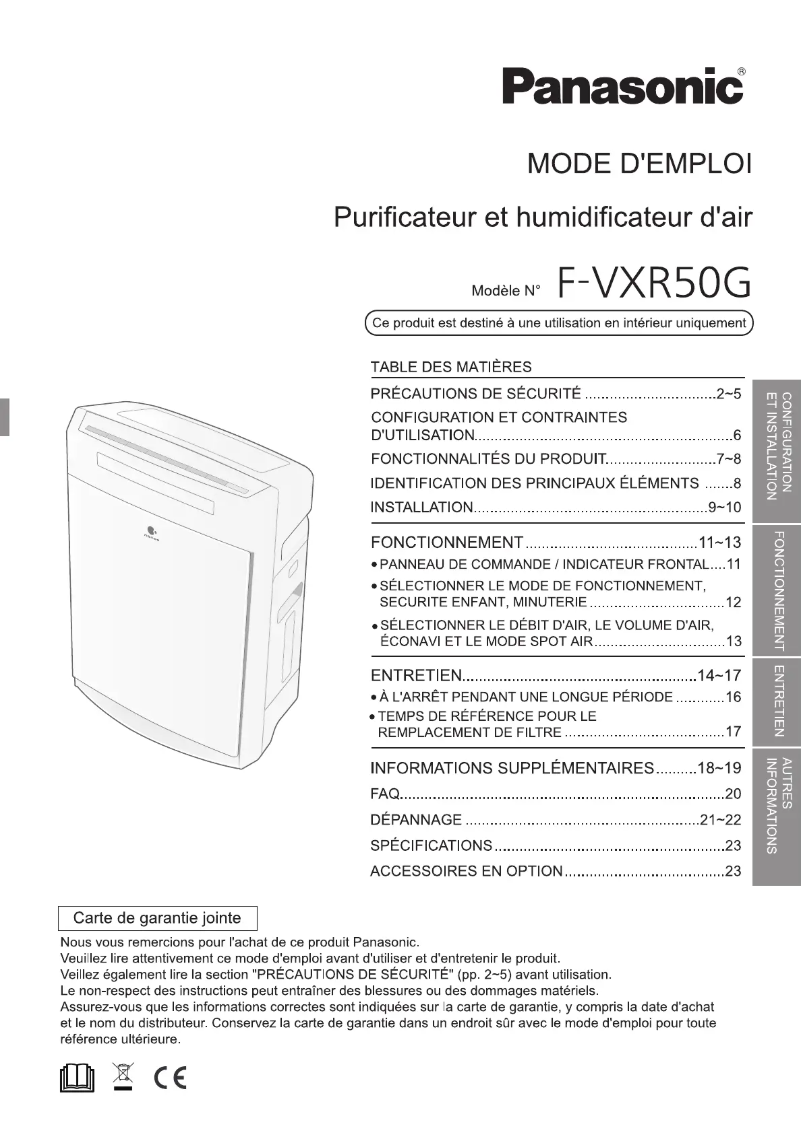 Page 1 de la notice Manuel utilisateur Panasonic F-VXR50G