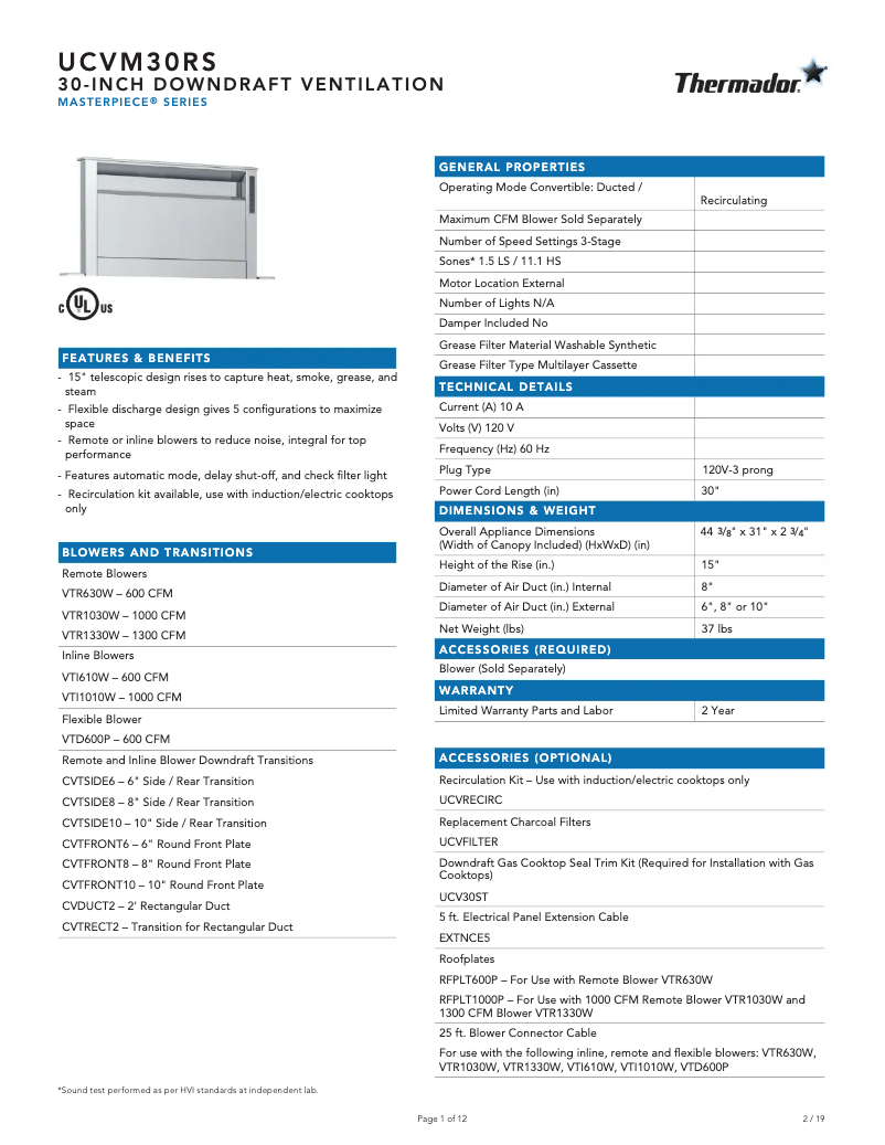 Page 1 de la notice Fiche technique Thermador UCVM30RS