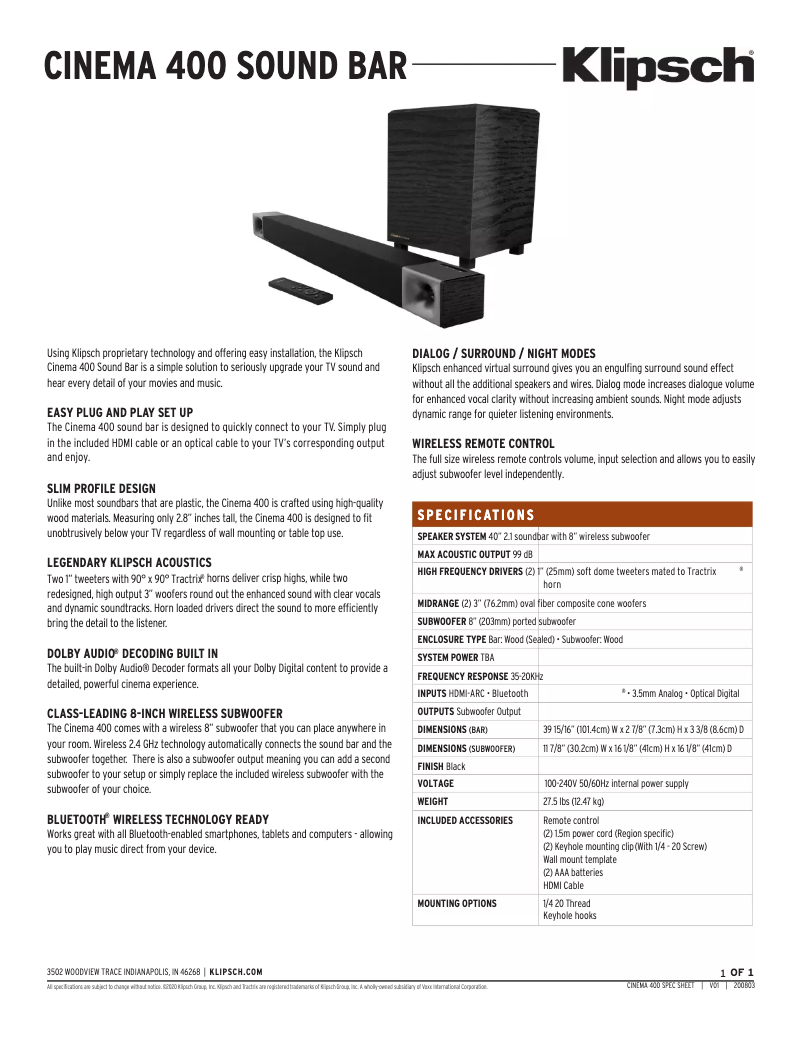 Page 1 de la notice Fiche technique Klipsch Cinema 400