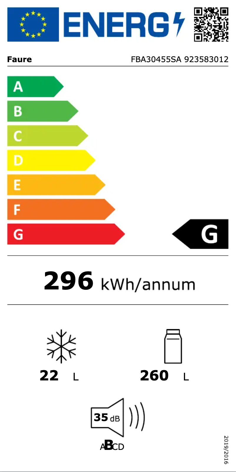 Page 1 de la notice Label énergétique Faure FBA30455SA