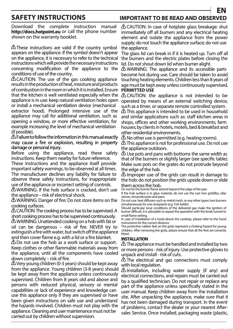 Page 1 de la notice Instructions / montage Hotpoint HAGD 72S/MR