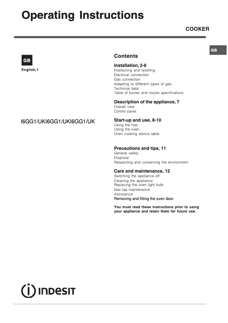 Page n°1 - Instructions / montage Indesit I6GG1WUK