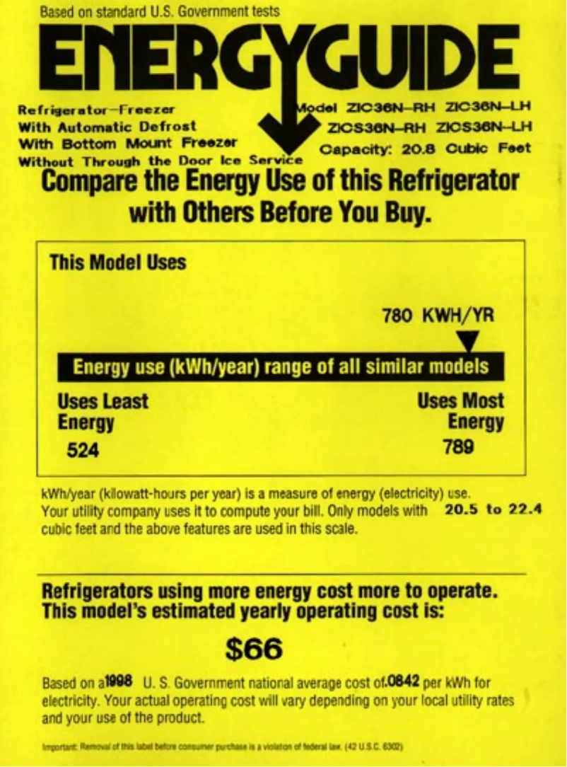 Page 1 de la notice Label énergétique GE ZICS36NARH