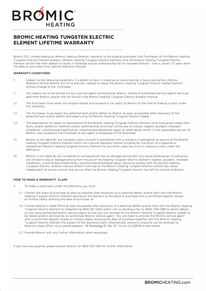 Page 1 de la notice Informations de garantie Bromic BH0210003-1