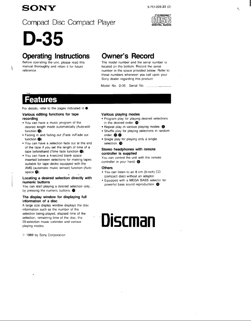 Image de la première page du manuel de l'appareil Discman D-35
