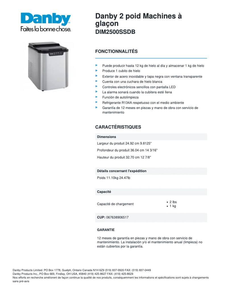 Página 1 del manual Ficha técnica Danby DIM2500SSDB