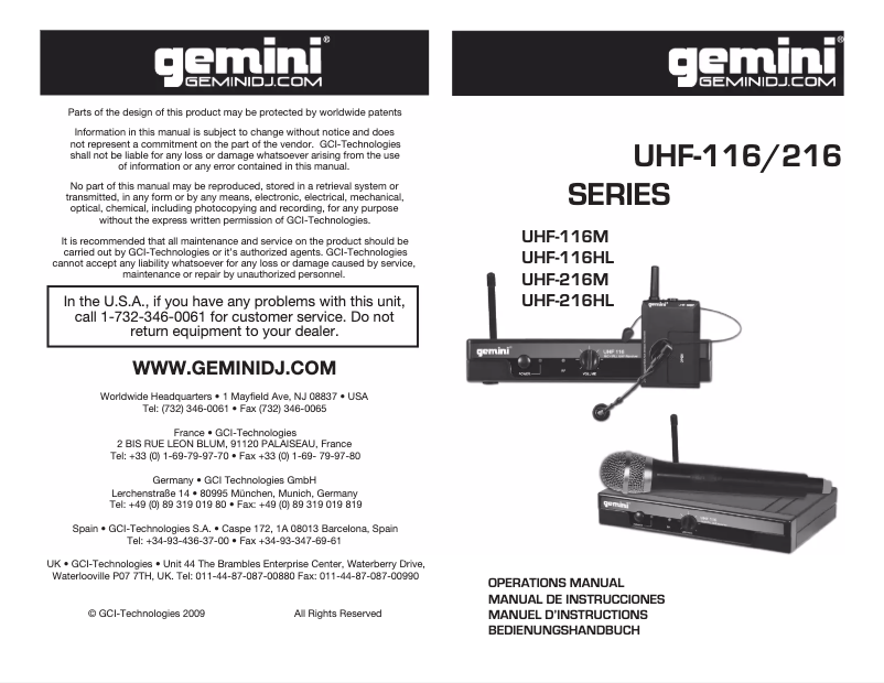 Page n°1 - Manuel utilisateur Gemini UHF-216M