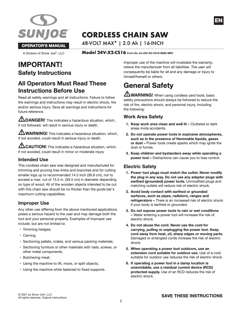 Página 1 del manual Manual de usuario Sun Joe 24V-X2-CS16-CT