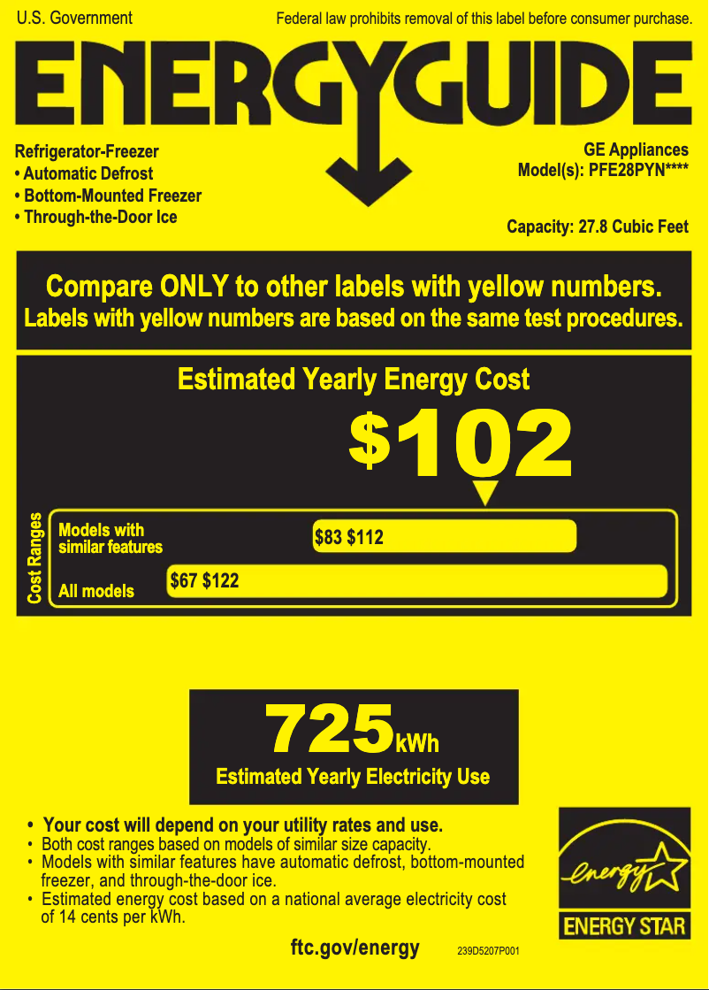 Page 1 de la notice Label énergétique GE PFE28PYNFS